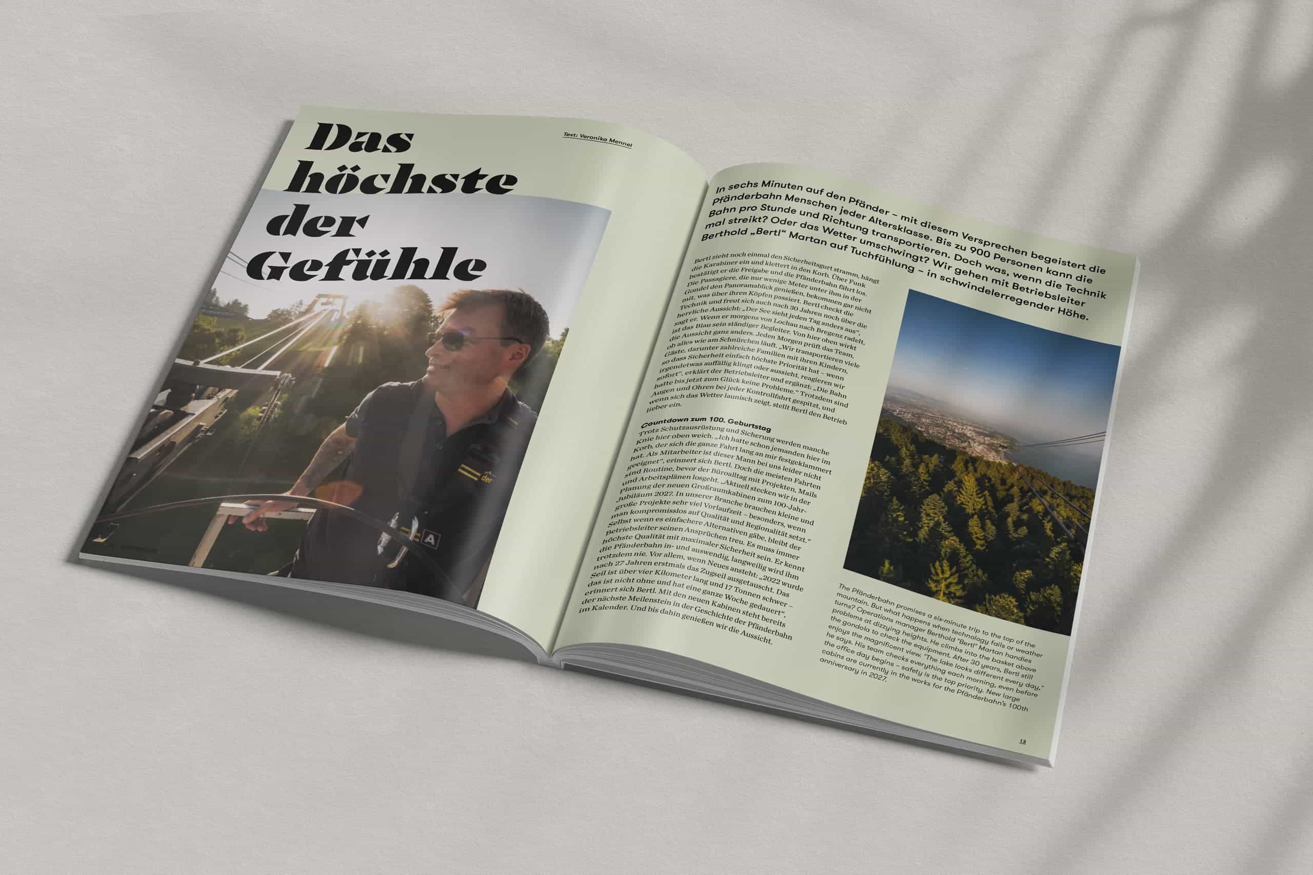 Magazin-Doppelseite mit Reportage von Veronika Mennel über die Pfänderbahn in Bregenz