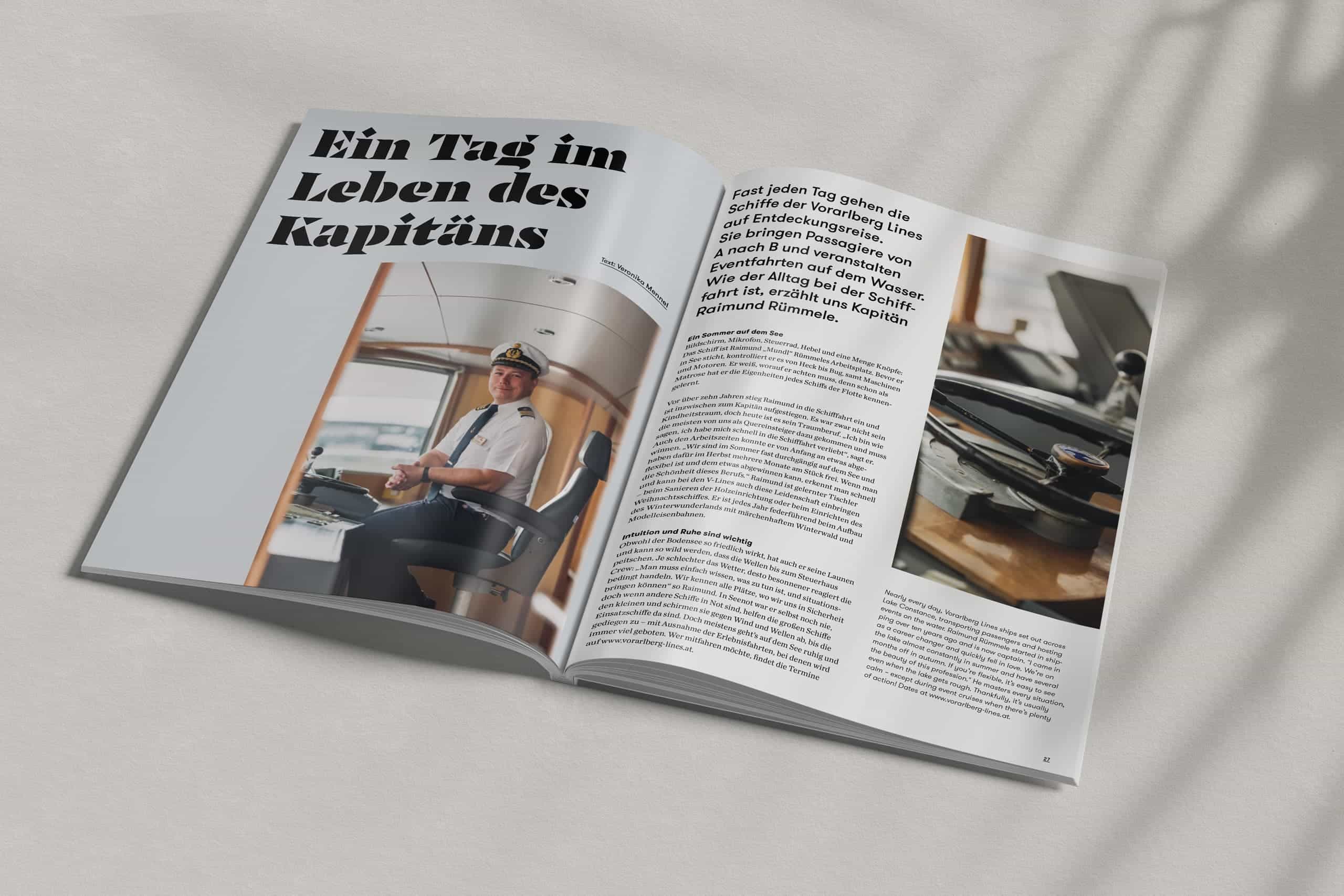 Magazin-Doppelseite mit Porträt von Veronika Mennel über den Alltag eines Kapitäns am Bodensee