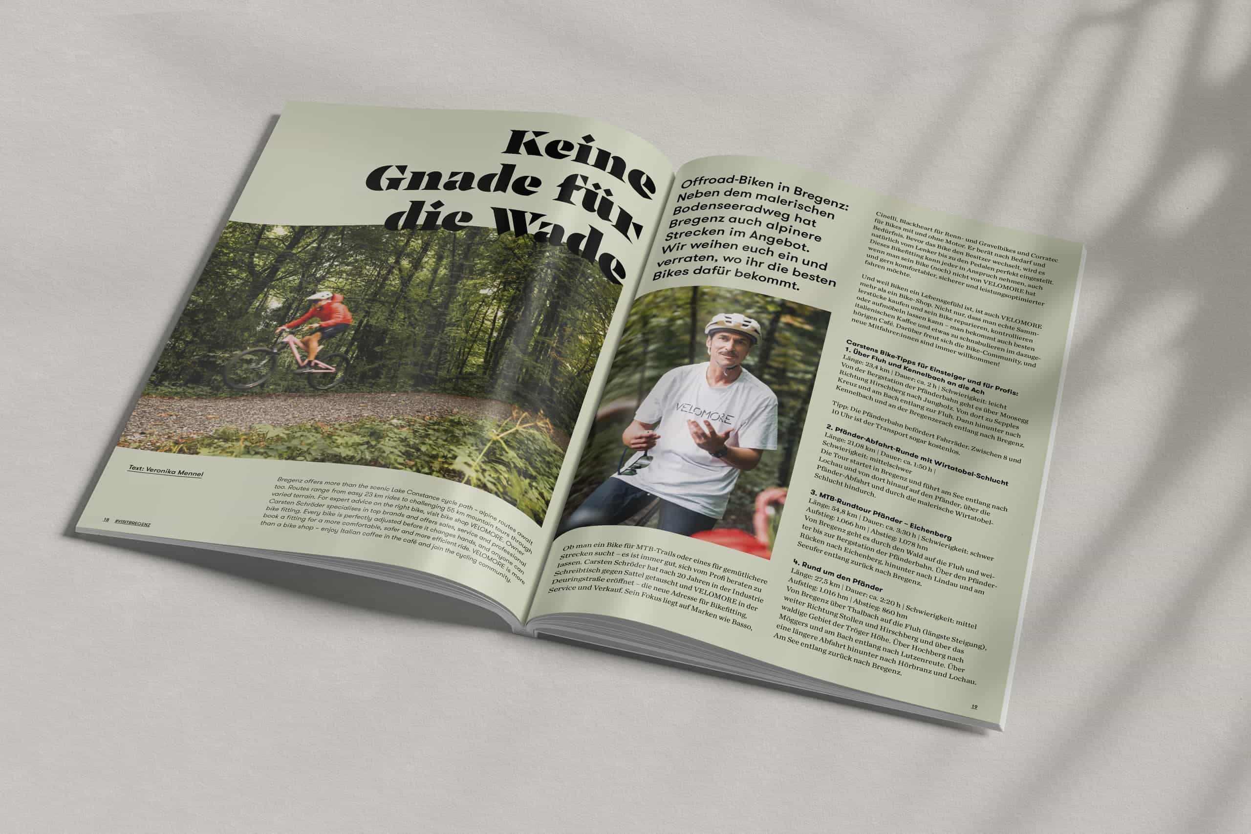 Magazin-Doppelseite mit Reportage von Veronika Mennel über Offroad-Biken und Radwege in Bregenz