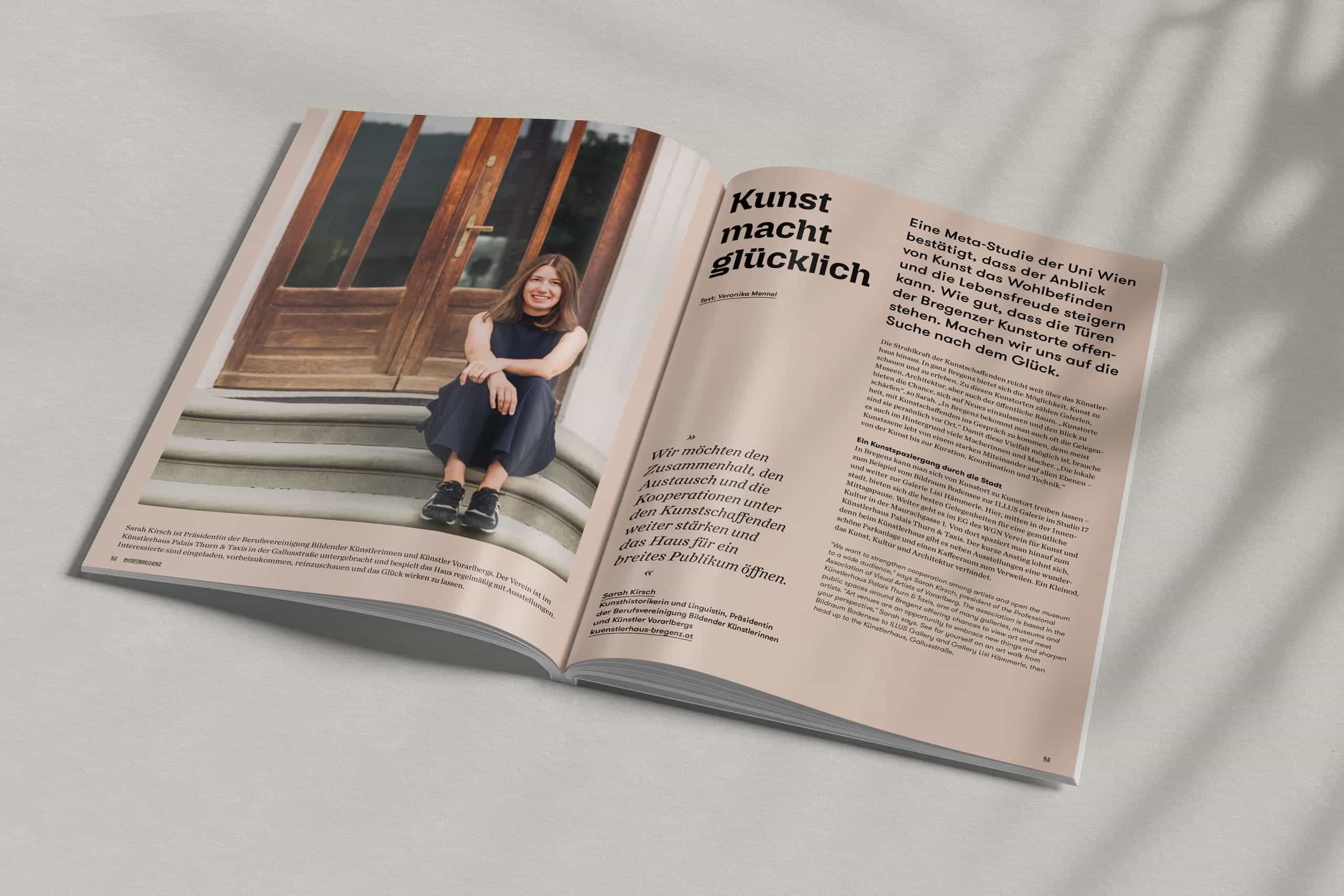 Magazin-Doppelseite mit Interview von Veronika Mennel über Kunst und Kultur in Bregenz