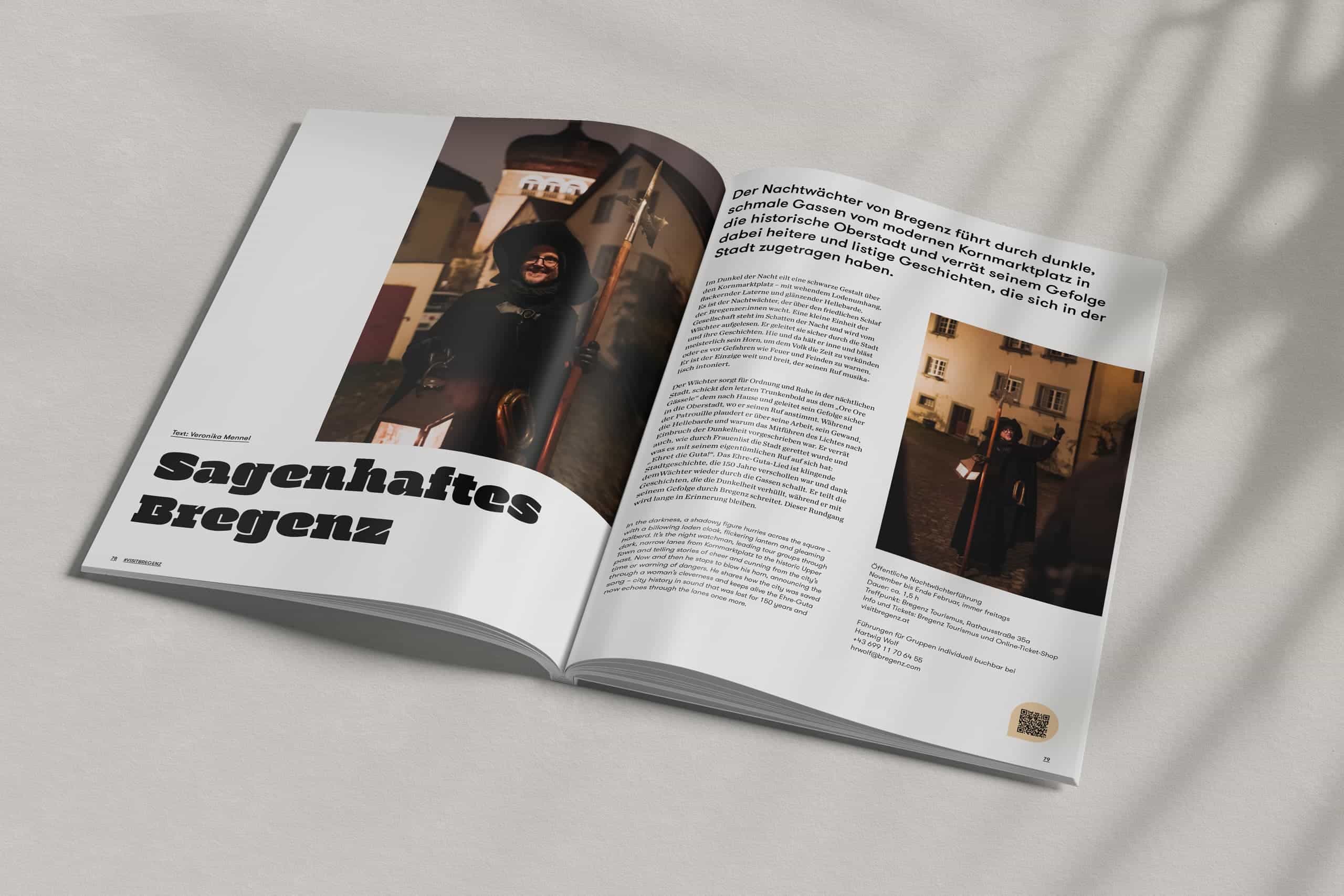 Magazin-Doppelseite mit Reportage von Veronika Mennel über den Nachtwächter und die Altstadt von Bregenz