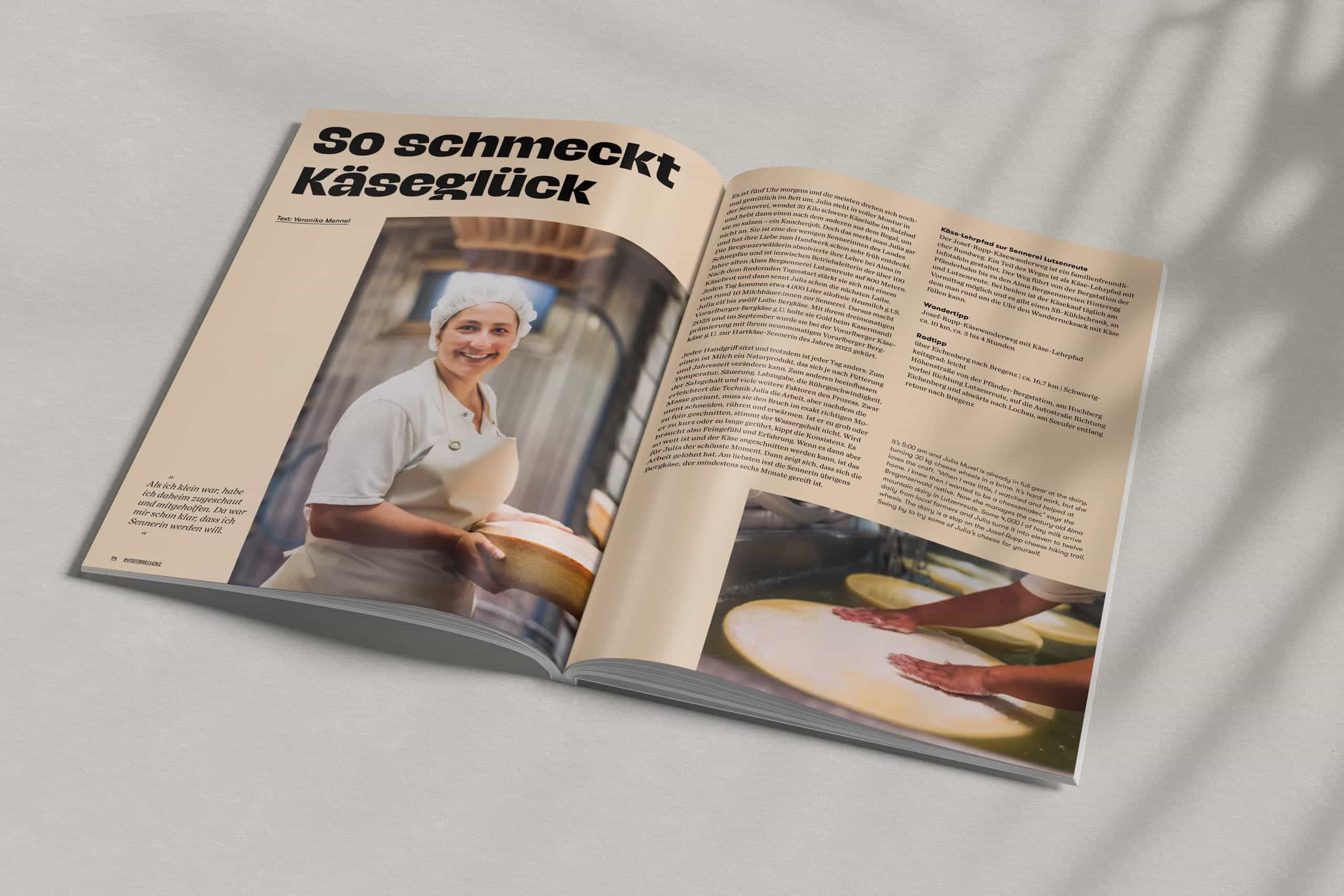 Magazin-Doppelseite mit Reportage von Veronika Mennel über Käseherstellung und Genuss in Vorarlberg