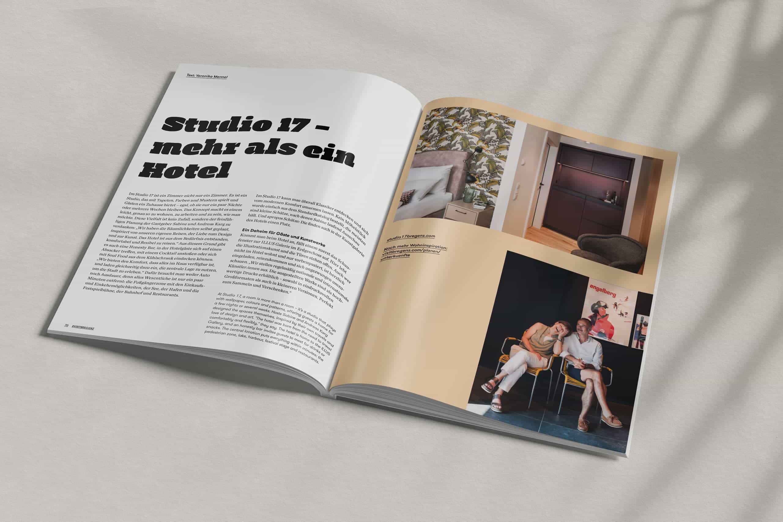 Magazin-Doppelseite mit Reportage von Veronika Mennel über das Boutiquehotel Studio 17 in Bregenz